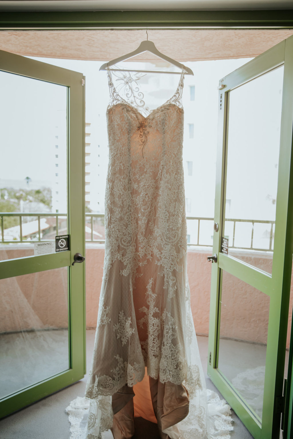 Wedding Dress Hanger Shot | Illusion Lace V Neck Sheath Bridal Gown Wedding Dress with Champagne Liner by Ashley and Justin Bride