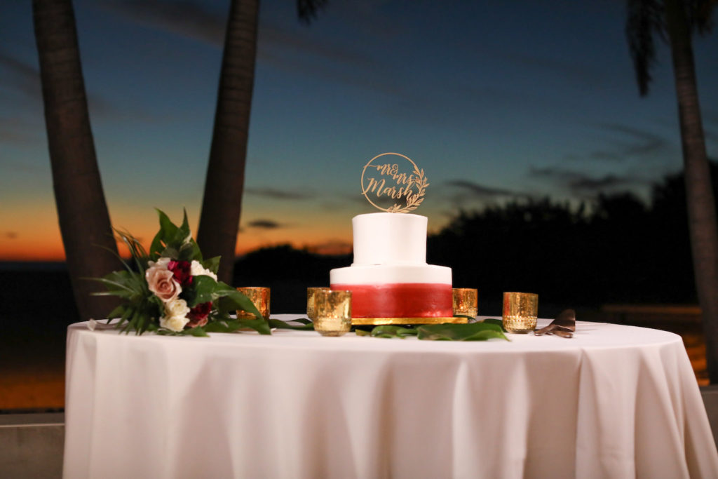Two Tier White and Red Smooth Wedding Cake with Laser Cut Wooden Cake Topper | Tampa Bay Wedding Photographer Lifelong Photography Studio