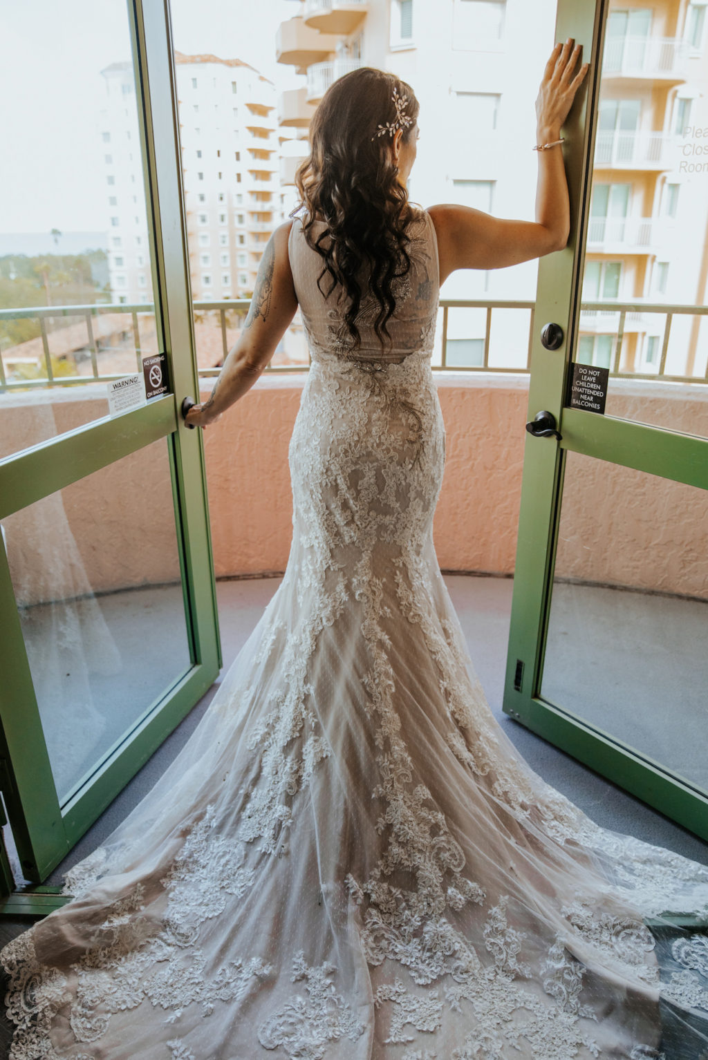 Bride Window Door Balcony Portrait in Illusion Lace V Neck Sheath Bridal Gown Wedding Dress with Champagne Liner by Ashley and Justin Bride
