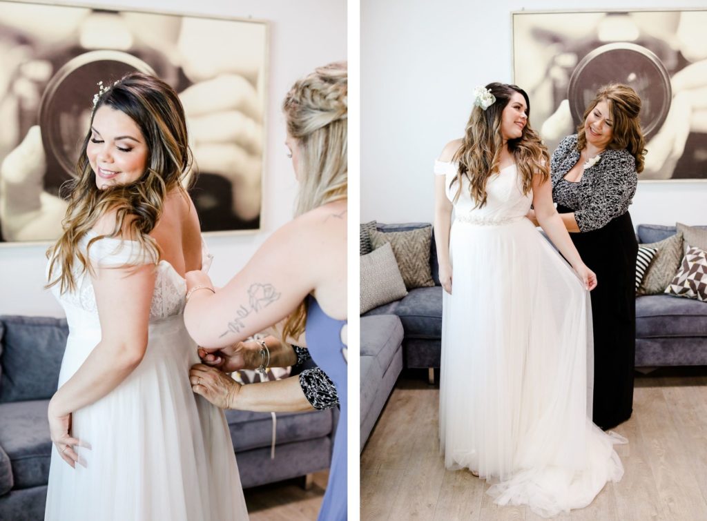 Tropical Tampa Bride in Boho Off the Shoulder Tulle and Chantilly Lace Wedding Dress with Beaded Belt with Mom Helping Put on Wedding Dress | Tampa Bay Wedding Photographer Lifelong Photography Studio