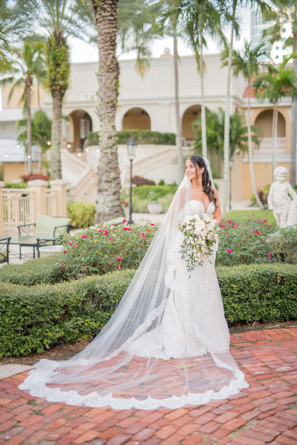 Elegant Classic Bride in Mermaid Strapless Wedding Dress and Full Length Lace Veil | Tampa Bay Wedding Photographer Kera Photography | Ritz Carlton Sarasota Wedding