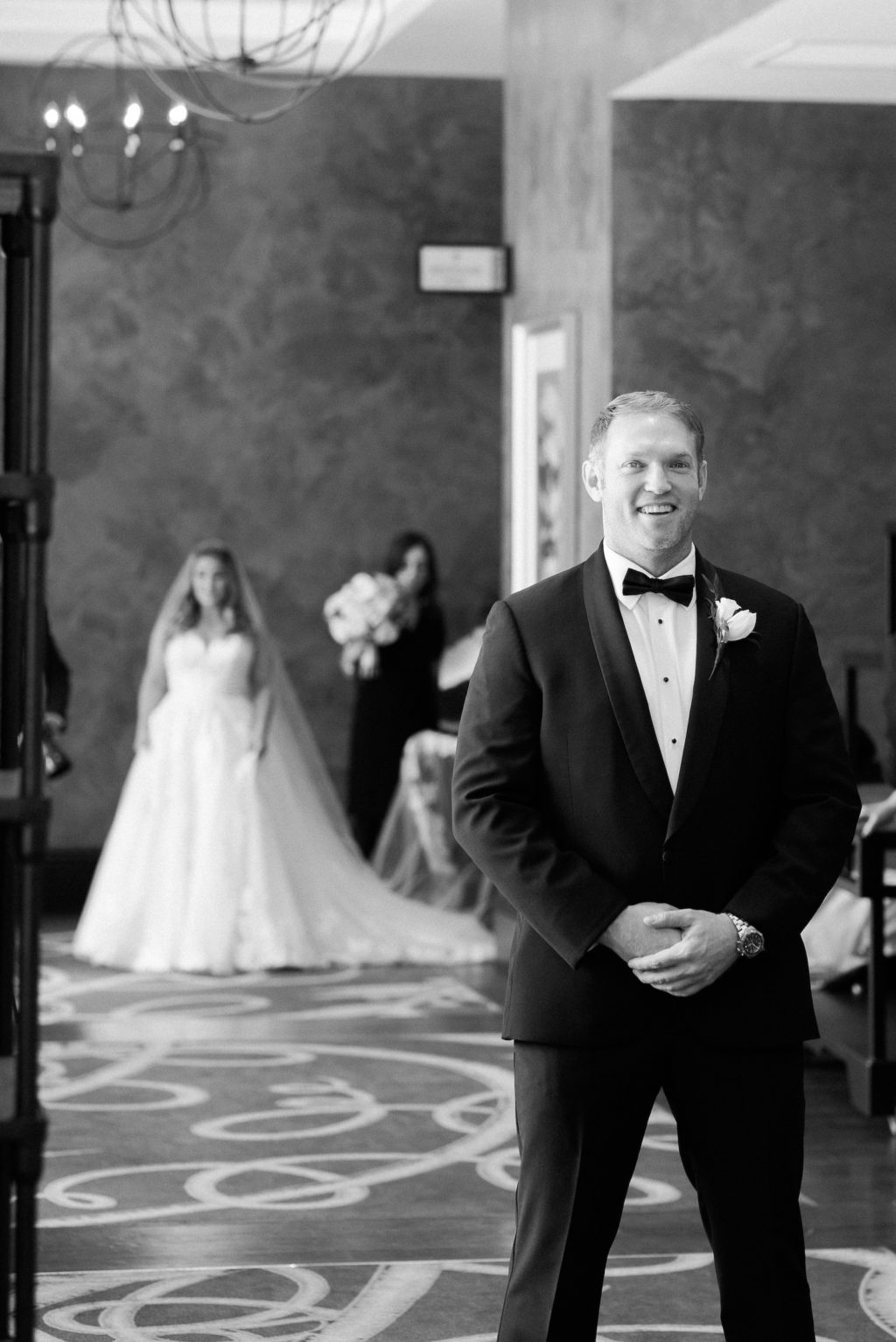Tampa Bay Bride and Groom in Classic Black Tuxedo First Look Wedding Photo
