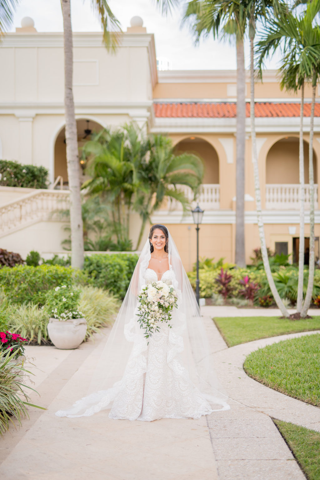 Elegant Classic Bride in Mermaid Strapless Wedding Dress and Full Length Lace Veil | Tampa Bay Wedding Photographer Kera Photography | Ritz Carlton Sarasota Wedding