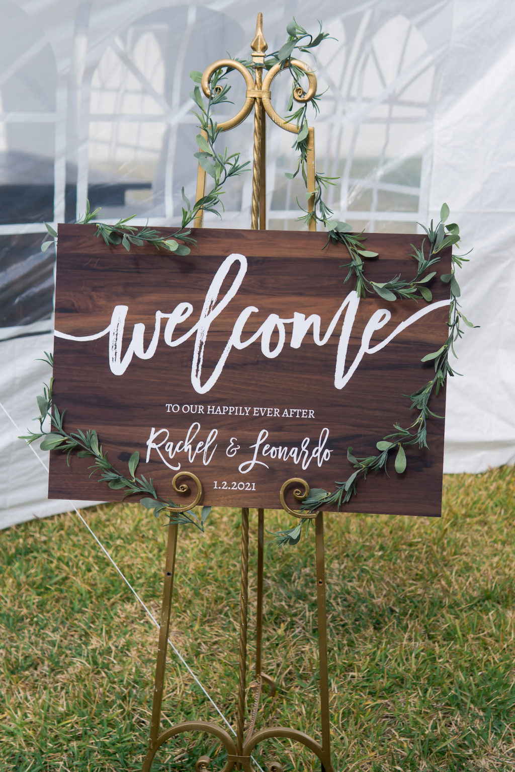 Rustic Wedding Ceremony Decor, Wooden Welcome Sign with Greenery Garland | Tampa Bay Wedding Planner Eventfull Weddings