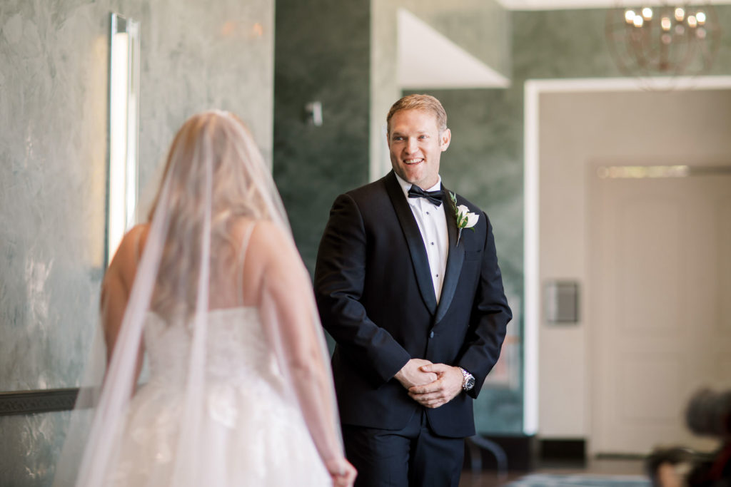 Tampa Bride and Groom in Black Tuxedo First Look Portrait