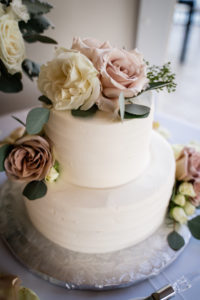 Simple Two Tier White Wedding Cake with Real Mauve and Ivory Roses Cake Topper