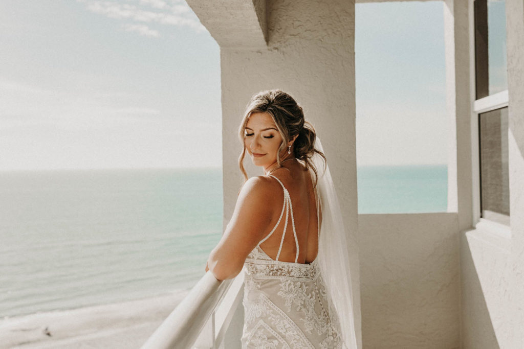 Bride Portrait in Open Back Embroidered Fitted Wedding Dress | Essence of Australia