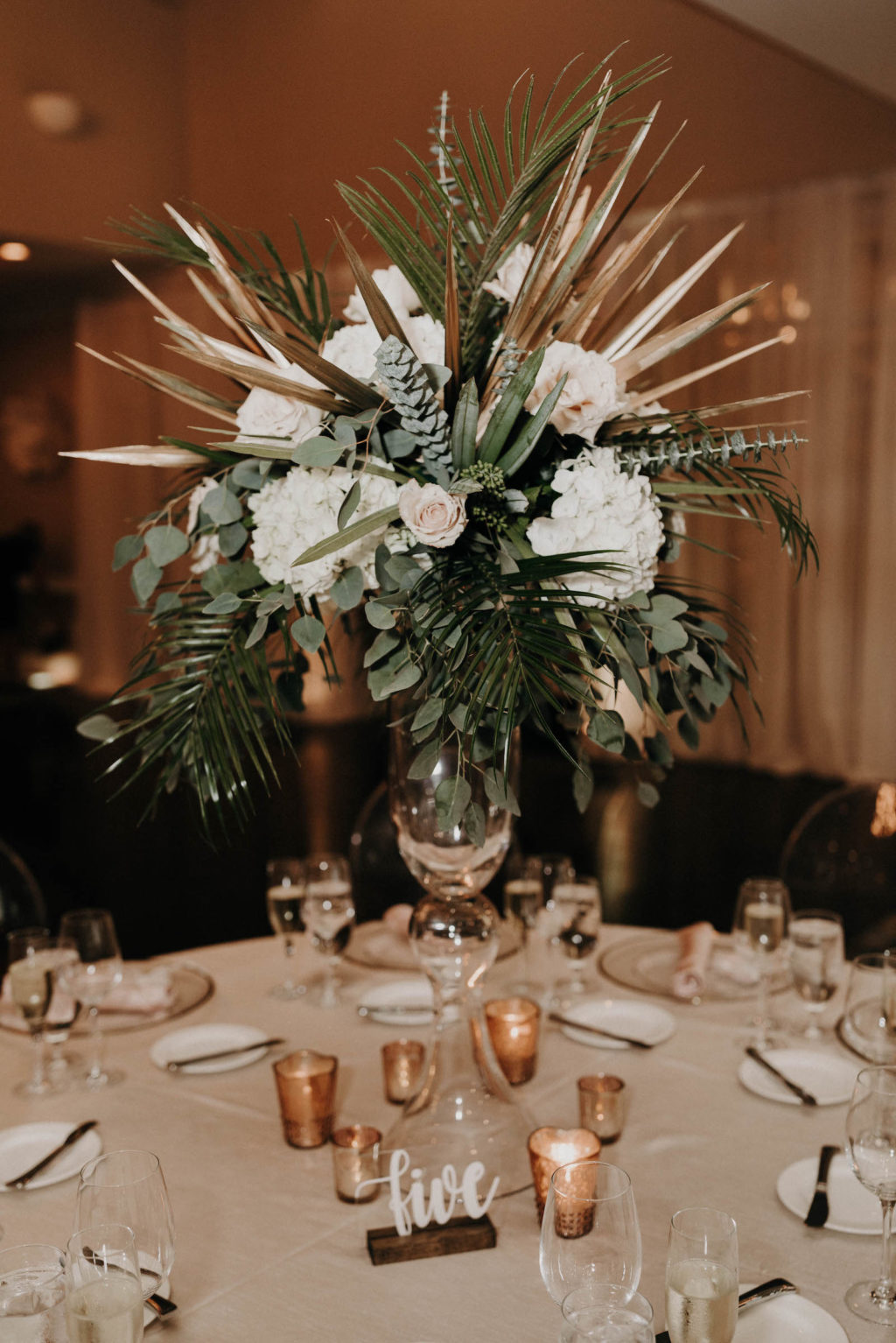 Elegant and Beach Table Centerpieces with Roses, Palms, and Greenery | Wedding Centerpieces for Your Florida Wedding