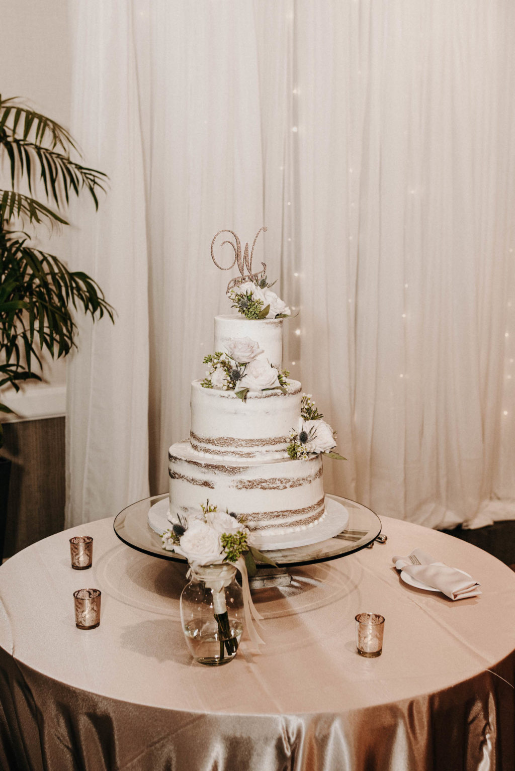 Semi-Naked Three Tier Wedding Cake with Silver Cake Topper | Florida Wedding Cakes