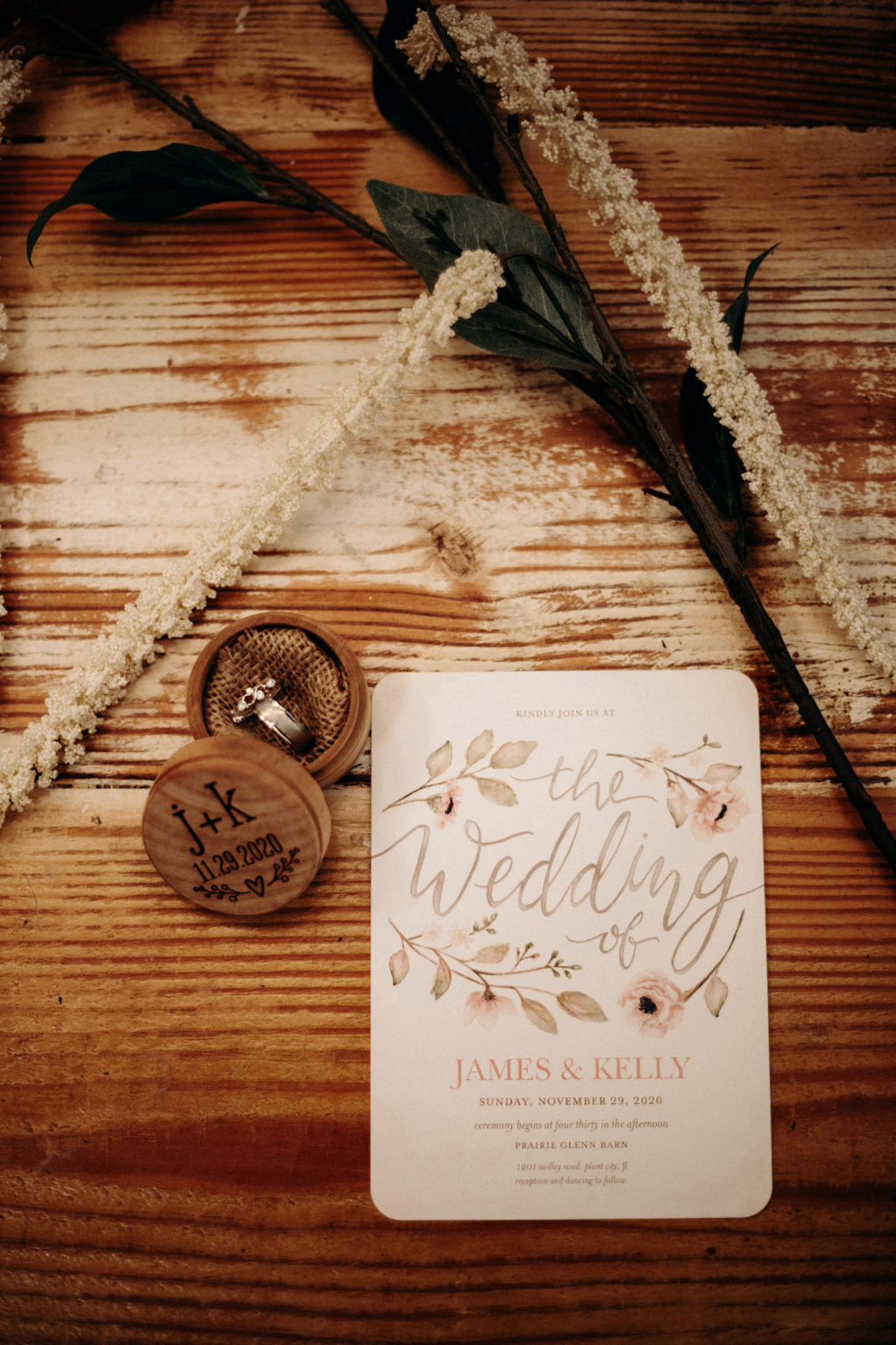 Rustic Wedding Invitation and Custom Engraved Wooden Ring Box with Bride and Groom Rings