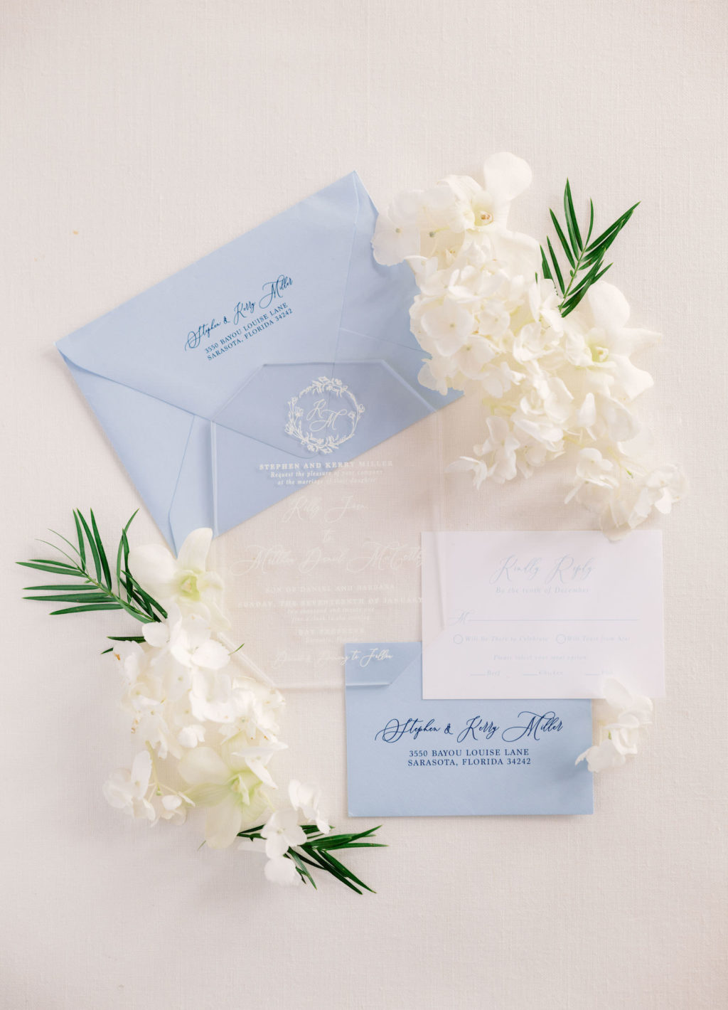 Elegant Modern Acrylic and White Font Wedding Invitation and Dusty Blue Envelopes