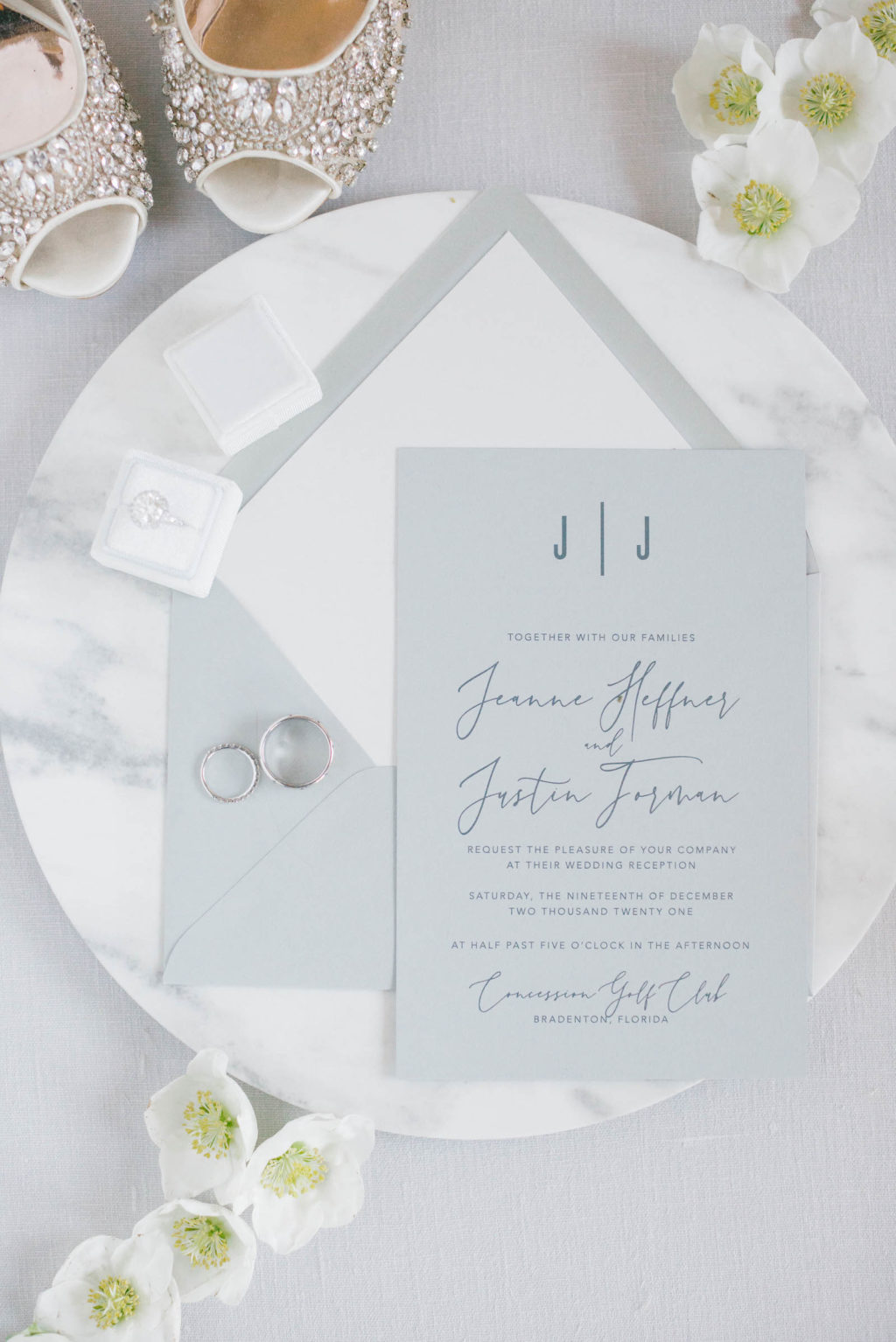 Classic Modern Powder Blue Wedding Invitation Suite and Wedding Rings on Round Marble Tray