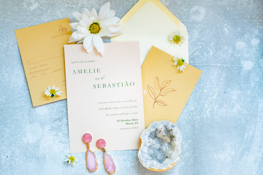 Tampa Wedding Styled Shoot 70's Retro Vintage | Mustard Yellow Gold Wedding Invitation Suite Flat Lay with Daisies and Agate Crystal