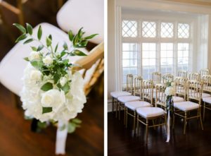 Classic Elegant Wedding Ceremony Decor, White Roses and Hydrangeas, Greenery Floral Arrangement on Gold Chairs | Tampa Bay Wedding Photographer Lifelong Photography Studio | Wedding Planner Core Concepts | Wedding Rentals A Chair Affair | Kate Ryan Event Rentals