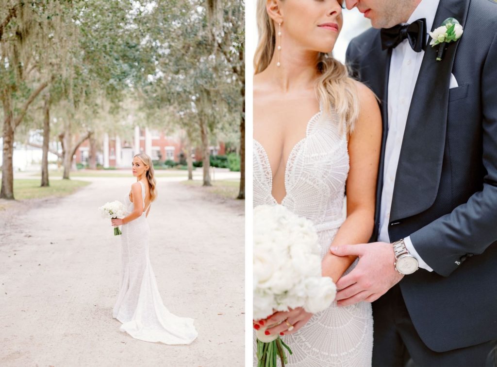Tampa Bay Bride in Luxury Jane Hill Luella Wedding Dress Holding White Floral Bouquet and Groom in Black Tuxedo First Look