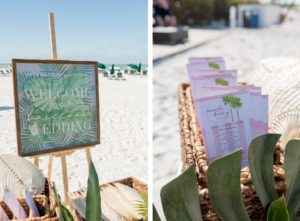 St. Pete Beach Wedding Welcome Sign with Monstera Leaf Frame | Soft Pink and White Stripe Wedding Programs and Woven Raffia Hand Fans