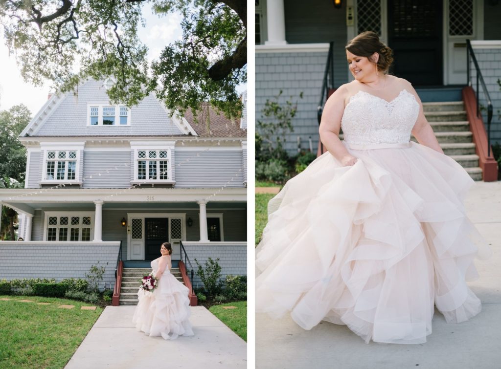 Romantic Bride in Lace Bodice and Illusion High Neckline, Tulle Blush Lining Skirt Ballgown Wedding Dress Out Front of Tampa Wedding Venue The Orlo