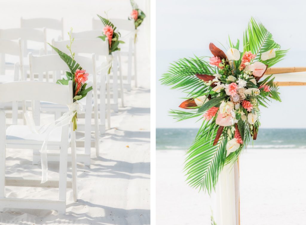 Tropical Wedding Ceremony Decor, White Folding Chairs, Bamboo Arch with Tropical Floral Arrangements, Palm Fronds, Pink Ginger, White Anthuriums | Wedding Florist Iza's Flowers