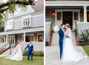 Classic Traditional Bride in Lace and Illusion Scoop High Neckline and Tulle Skirt A-Line Wedding Dress with Groom in Blue Suit | Tampa Bay Wedding Photographer Lifelong Photography Studio | Wedding Venue The Orlo | Wedding Planner Core Concepts