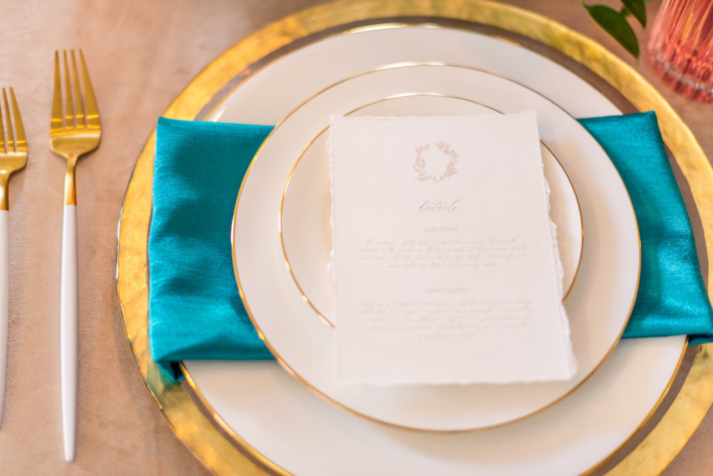 Tampa Wedding Styled Shoot | Gold Rim Charger and China with Dipped Gold Flatware and Colorful Napkin by Kate Ryan Event Rentals