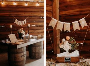 Rustic Wedding Reception Decor, Wooden Barrels with Burlap Gifts Banner and Face Masks | Plant City Wedding Venue Florida Rustic Barn Weddings