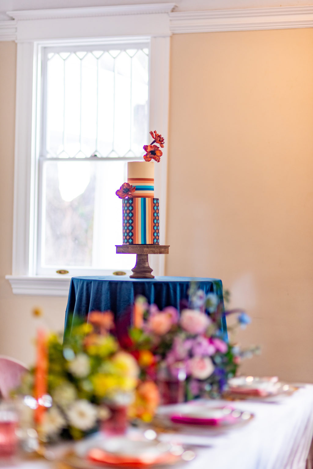 Tampa Wedding Styled Shoot 70's Retro Vintage | Colorful Vibrant Mosaic Fondant Wedding Cake with Sugar Flowers