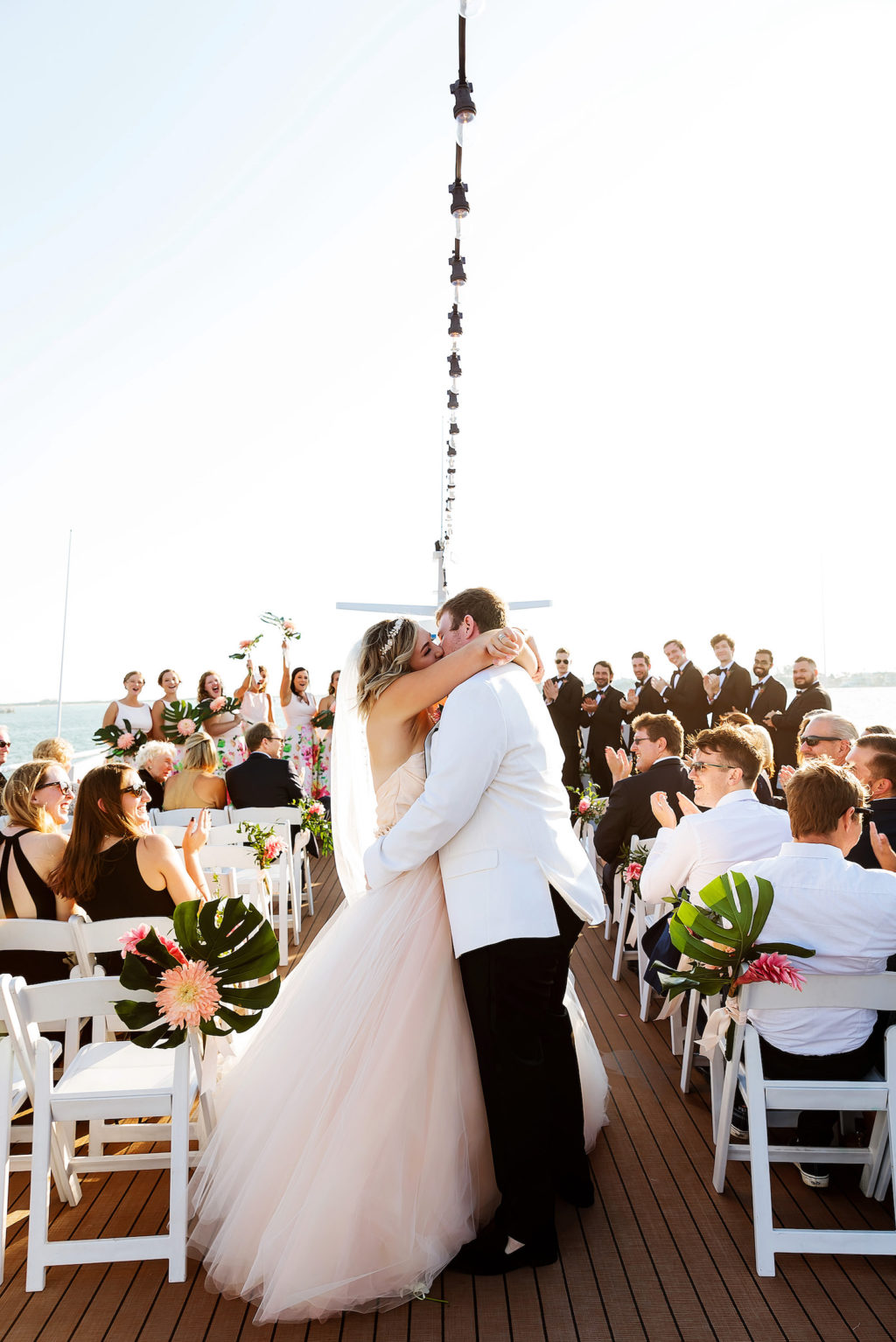 Tropical Bride and Groom Exchanging Wedding Vows on Waterfront Wedding Venue Yacht StarShip | Tampa Bay Wedding Photographer Limelight Photography