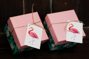 Tropical Pink and Floral Gift Box with Flamingo Tags | Tampa Bay Wedding Photographer Limelight Photography