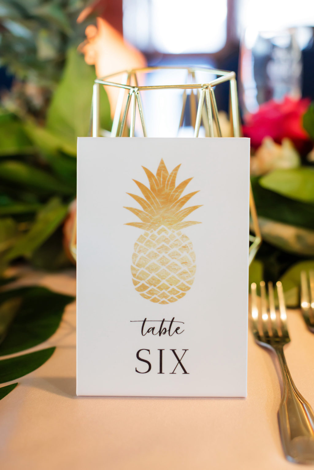 Tropical Wedding Reception Decor, White and Gold Table Number Sign | Tampa Bay Wedding Photographer Limelight Photography