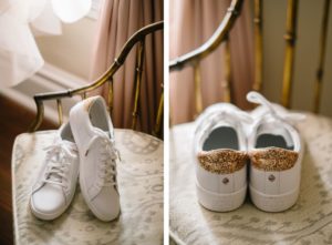 White Wedding Sneakers with Gold Glitter Bride Shoes