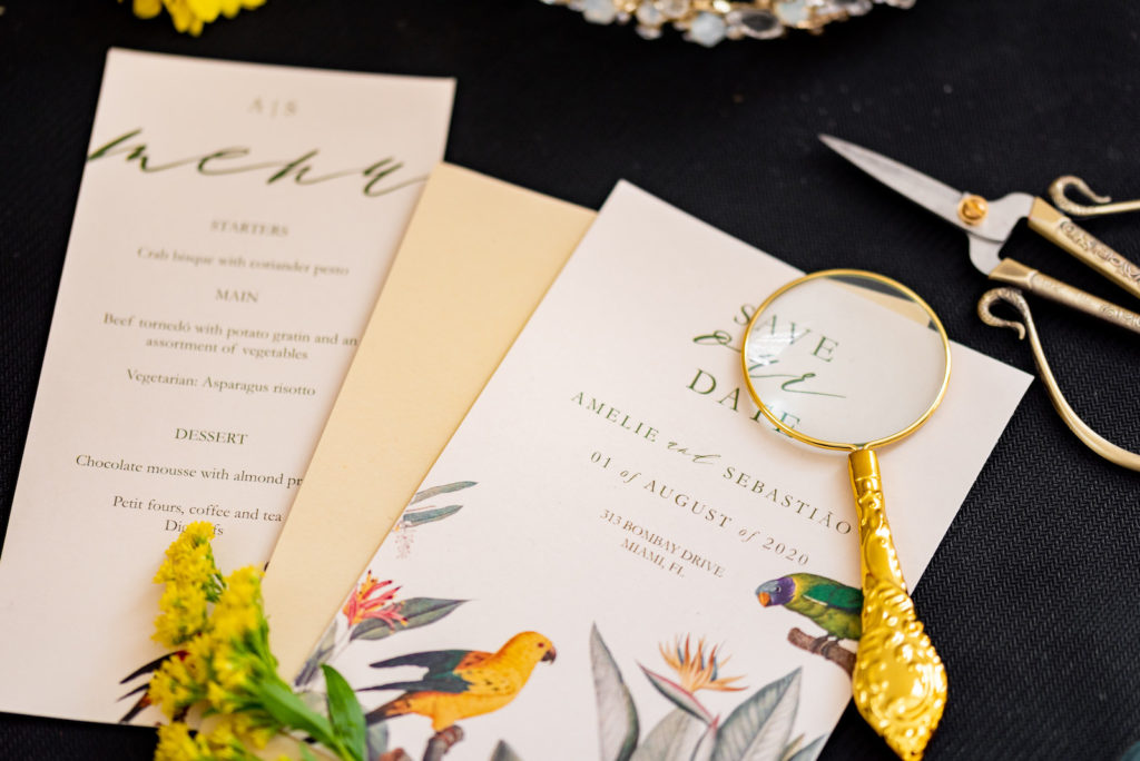 Tampa Wedding Styled Shoot 70's Retro Vintage | Tropical Bird Wedding Save The Date and Menu Card Flat Lay