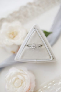 Pear Diamond Engagement Ring with Halo in Triangular Gray Ring Box | Tampa Bay Wedding Photographer Lifelong Photography Studio