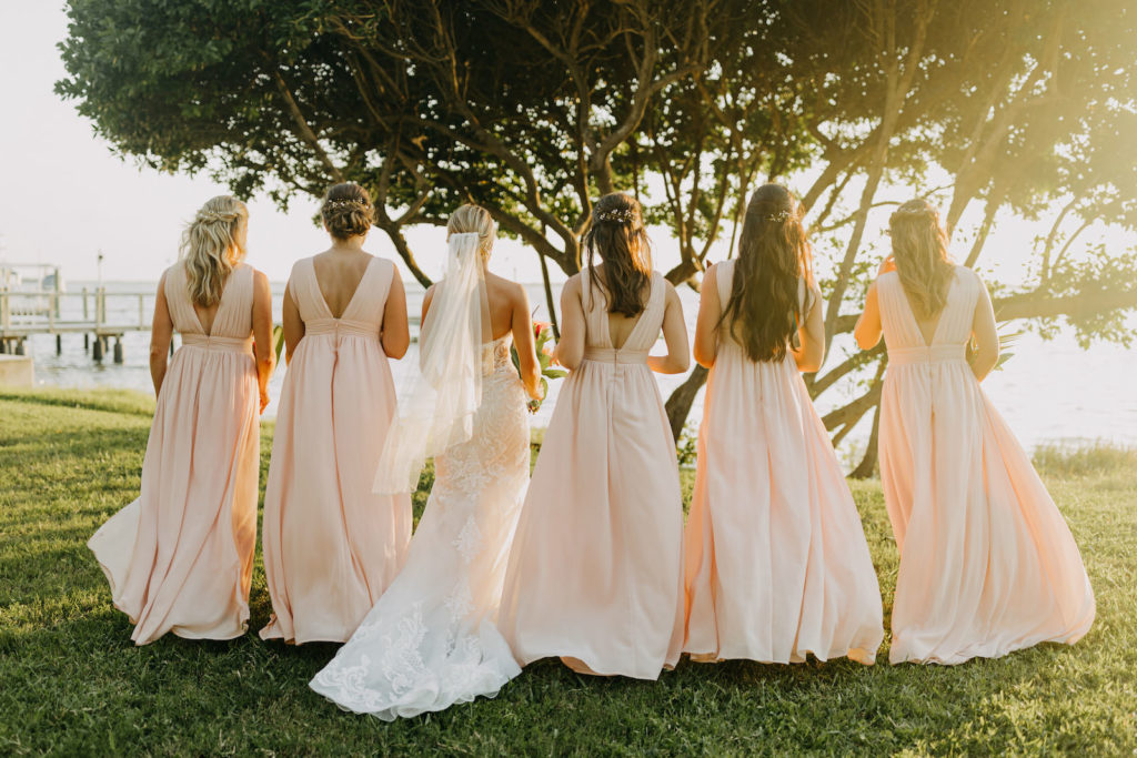 Tropical Elegant Bridal Party, Bridesmaids in Matching Blush Pink Dresses, Bride Wearing Lace and Illusion Stella York Wedding Dress | Tampa Bay Wedding Photographer Amber McWhorter Photography