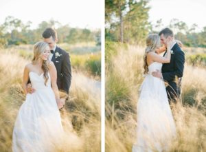 Romantic Classic Modern Bride in Strapless A-Line Wedding Dress and Groom in Black Tux in Grass Meadow | Bradenton Wedding Venue Concession Golf Club