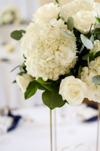 Classic Wedding Reception Decor, White Hydrangeas and Roses with Greenery Floral Centerpiece | Tampa Bay Wedding Photographer Lifelong Photography Studio | Wedding Planner Core Concepts