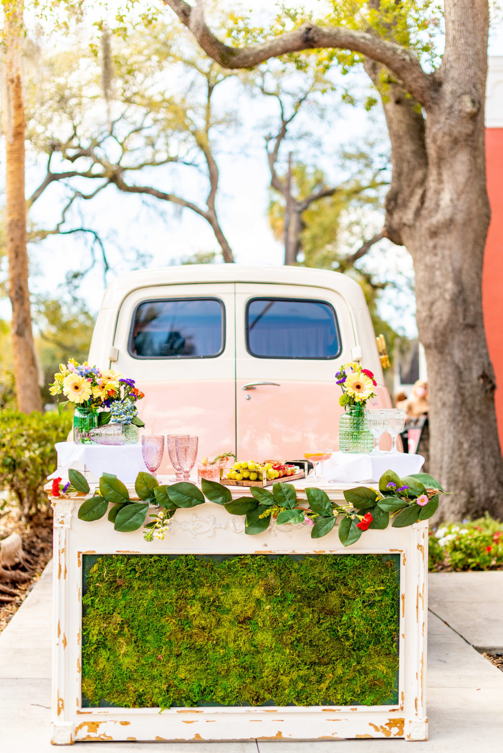 Tampa Wedding Styled Shoot 70's Retro Vintage | Vintage Tap Truck Mobile Bar with Moss Wood Bar and Colorful Vibrant Flowers