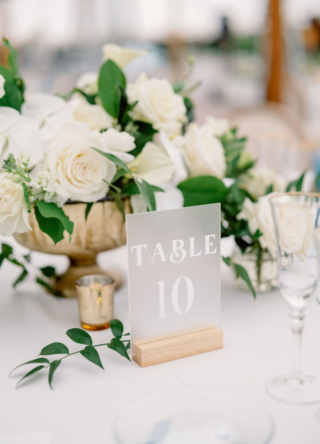 Modern Elegant Wedding Reception Decor, Acrylic Table Number Sign, Gold Vase with White Roses and Gold Mercury Votive | Tampa Bay NK Productions Wedding Planning