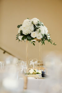 Classic Wedding Reception Decor, Tall Gold Stand with White Hydrangeas, Roses and Greenery Floral Centerpiece | Tampa Bay Wedding Photographer Lifelong Photography Studio | Wedding Planner Core Concepts | Wedding Rentals A Chair Affair | Kate Ryan Event Rentals