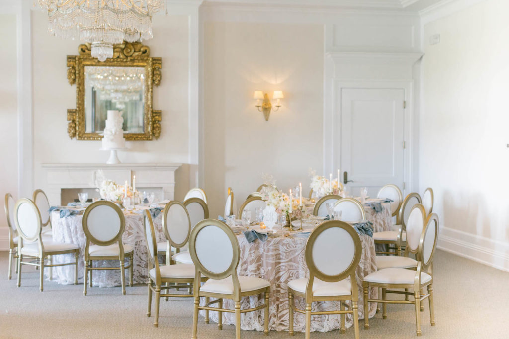 Classic Wedding Reception Decor, Round Tables with Floral Lace Table Linen and Blush Pink Underlay, Brown and White Dining Chairs | Tampa Bay Wedding Planner Parties A'la Carte | Wedding Rentals Kate Ryan Event Rentals | Bradenton Wedding Venue Concession Golf Club