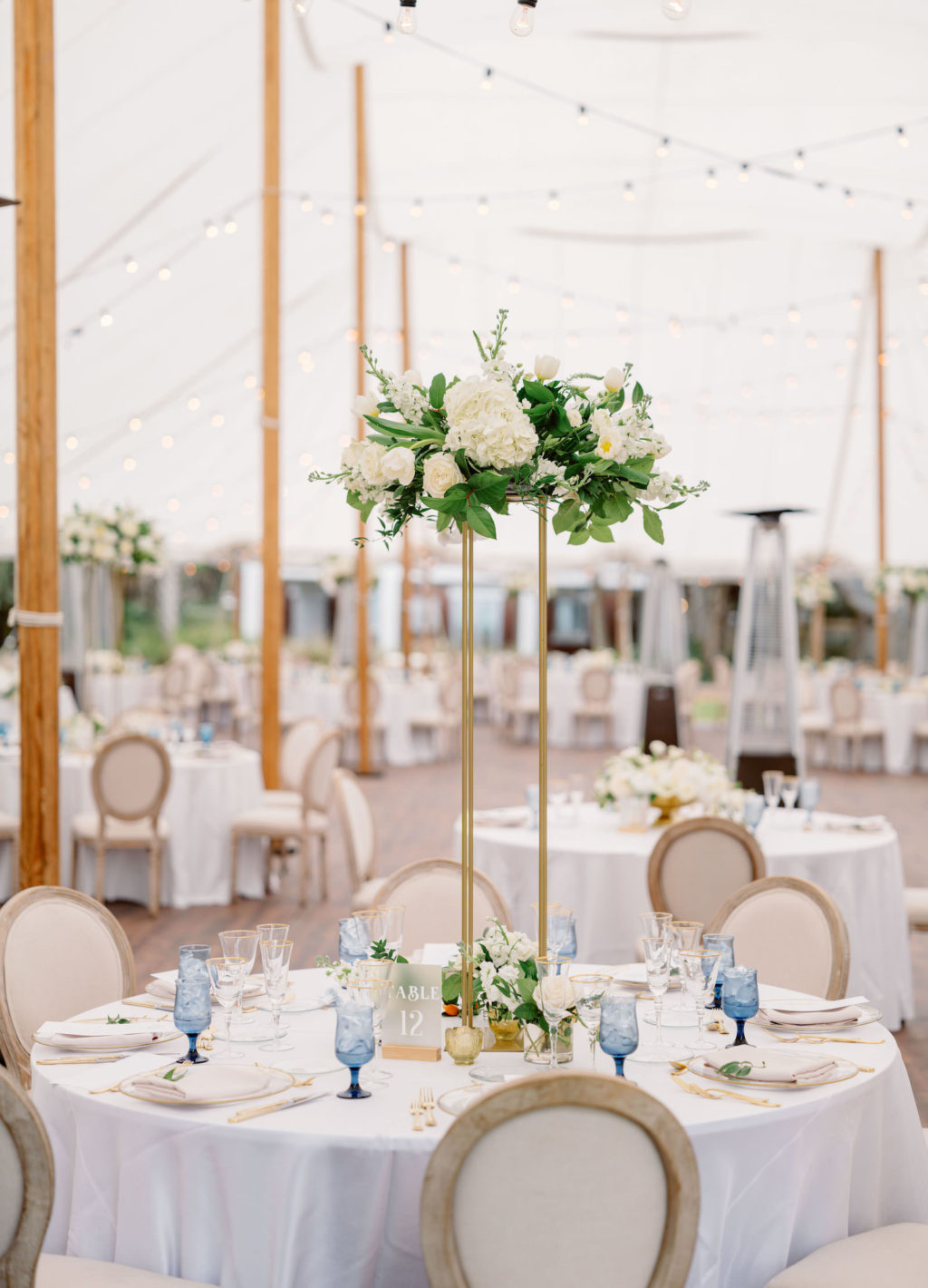 Elegant Luxurious Wedding Reception Decor, French Country Dining Chairs, Blue Water Goblets, Tall Gold Stand with White and Greenery Floral Centerpiece, White Tent with Bistro Hanging Lights | Tampa Bay NK Productions Wedding Planning