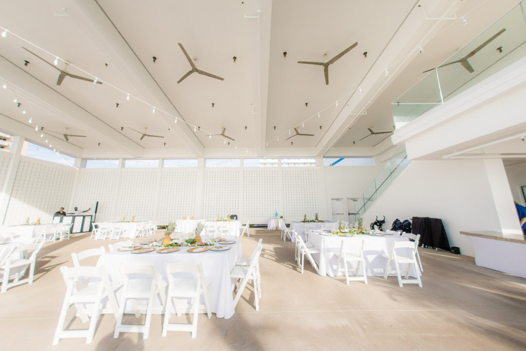 Elegant Tropical Wedding Reception Decor, White Linen Tables, Folding Chairs | Wedding Venue Hilton Clearwater Beach