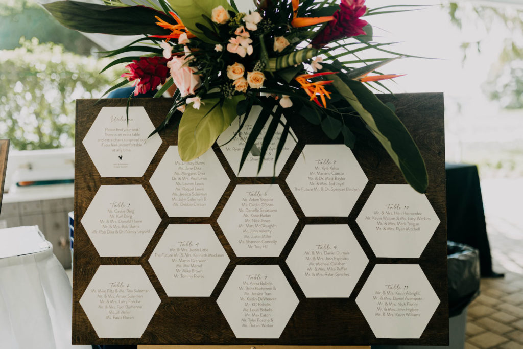 Tropical Elegant Wedding Reception Decor, Wooden Board with White Geometric Seating Chart, Blush Pink Roses, Orange Birds of Paradise, Pink Ginger, Palm Tree Leaves Floral Arrangement | Tampa Bay Wedding Photographer Amber McWhorter Photography