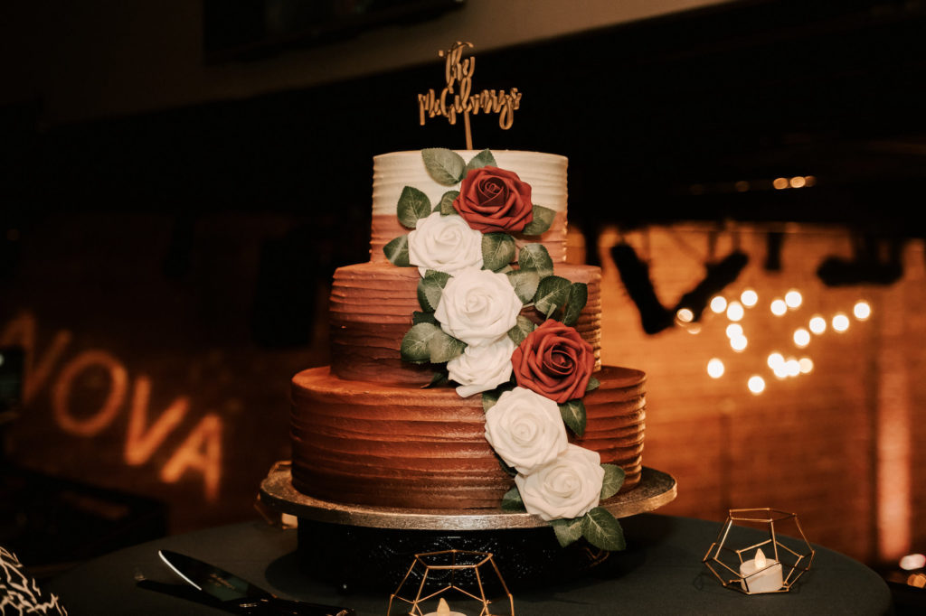 Romantic, Industrial Inspired Three Tier Burgundy Ombre Cake From Publix, Geometric Table Candles, Custom Cake Topper | Florida Historic Wedding Venue NOVA 535