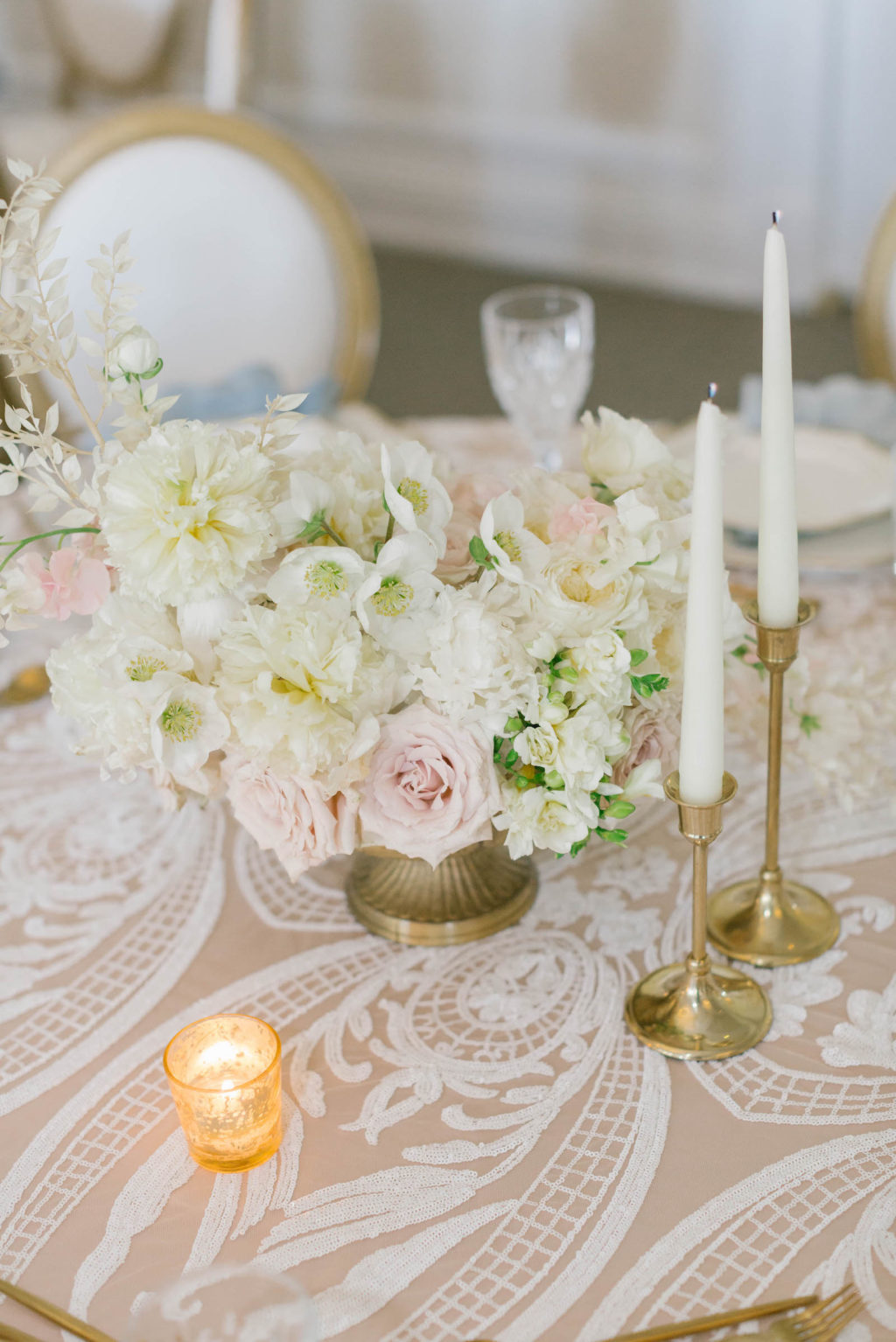 Classic Modern Wedding Reception Decor, Floral Lace Table Linen and Blush Pink Underlay, Gold Candlesticks, Low White Hydrangeas and Blush Roses, Gold Candlesticks | Tampa Bay Wedding Planner Parties A'la Carte | Wedding Rentals Kate Ryan Event Rentals