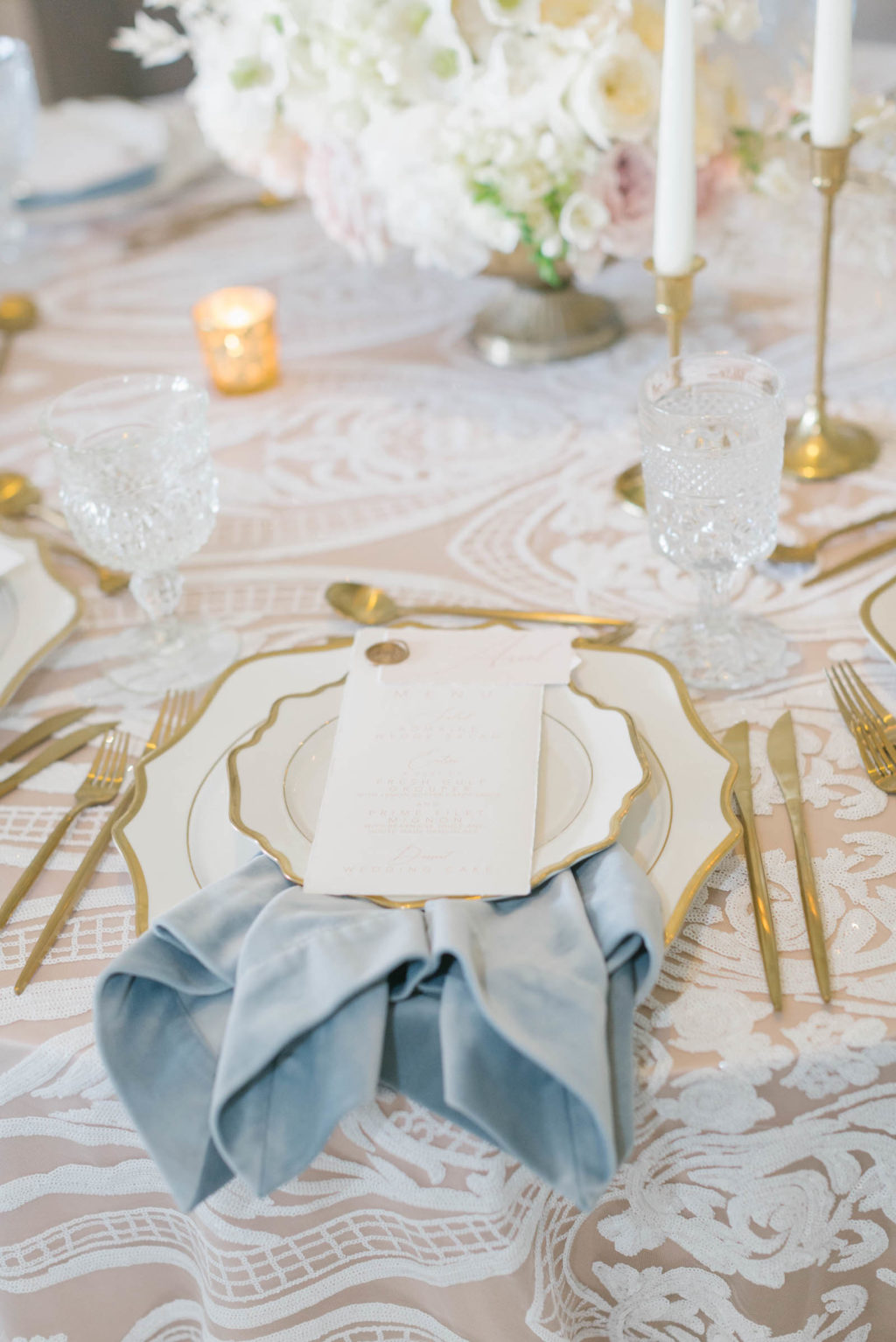 Classic Modern Wedding Reception Decor, Scalloped White and Gold China Plates, Gold Flatware and Candlesticks, Lace Table Linen and Blush Underlay | Tampa Wedding Rentals Kate Ryan Event Rentals | Wedding Planner Parties A'la Carte