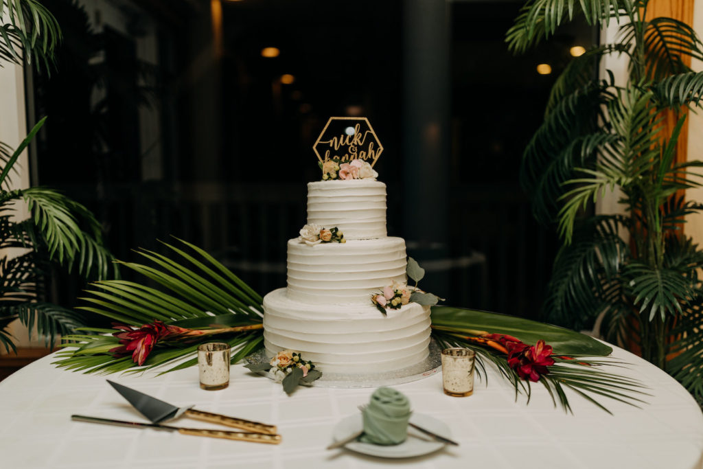 Three Tier White Textured Wedding Cake with Flowers and Gold Geometric Personalized Cake Topper | Tampa Bay Wedding Photographer Amber McWhorter Photography