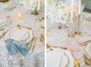 Classic Modern Wedding Reception Decor, Scalloped White and Gold China Plates, Gold Flatware and Candlesticks, Lace Table Linen and Blush Underlay | Tampa Wedding Rentals Kate Ryan Event Rentals, Pink Wine Glasses | Wedding Planner Parties A'la Carte