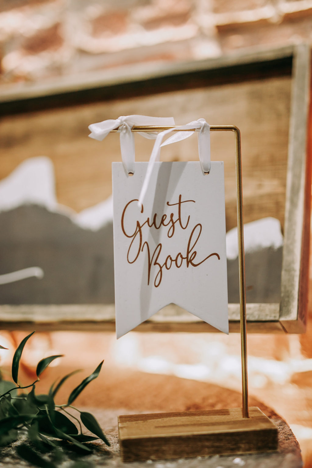 Wedding Guest Book Pennant Flag Sign on Wood and Copper Pipe Stand
