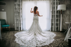 Indoor Hotel Room Bridal Portrait | Lace Fit and Flare Mermaid Spaghetti Strap Wedding Dress Bridal Gown with Scallop Edge Lace Train Hem