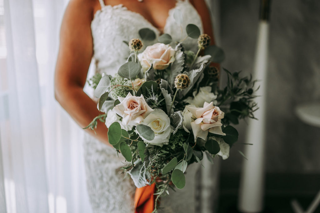 Natural Boho Rustic Wedding Bridal Bouquet with Ivory and White Roses, Scabiosa Pods and Eucalyptus Greenery
